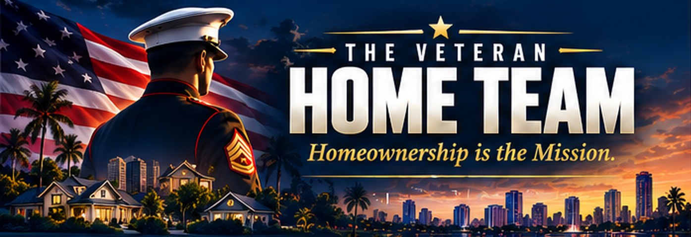 The Veteran Home Team — Homeownership is the Mission. A Marine in dress blues overlooking Central Florida homes and skyline at sunset.